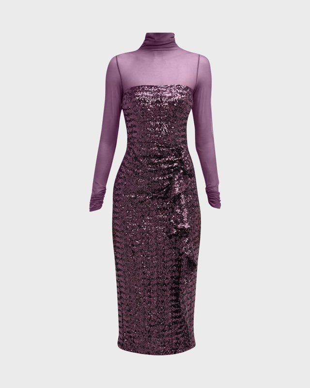 Morika Ruffle Sequin Illusion Midi Dress